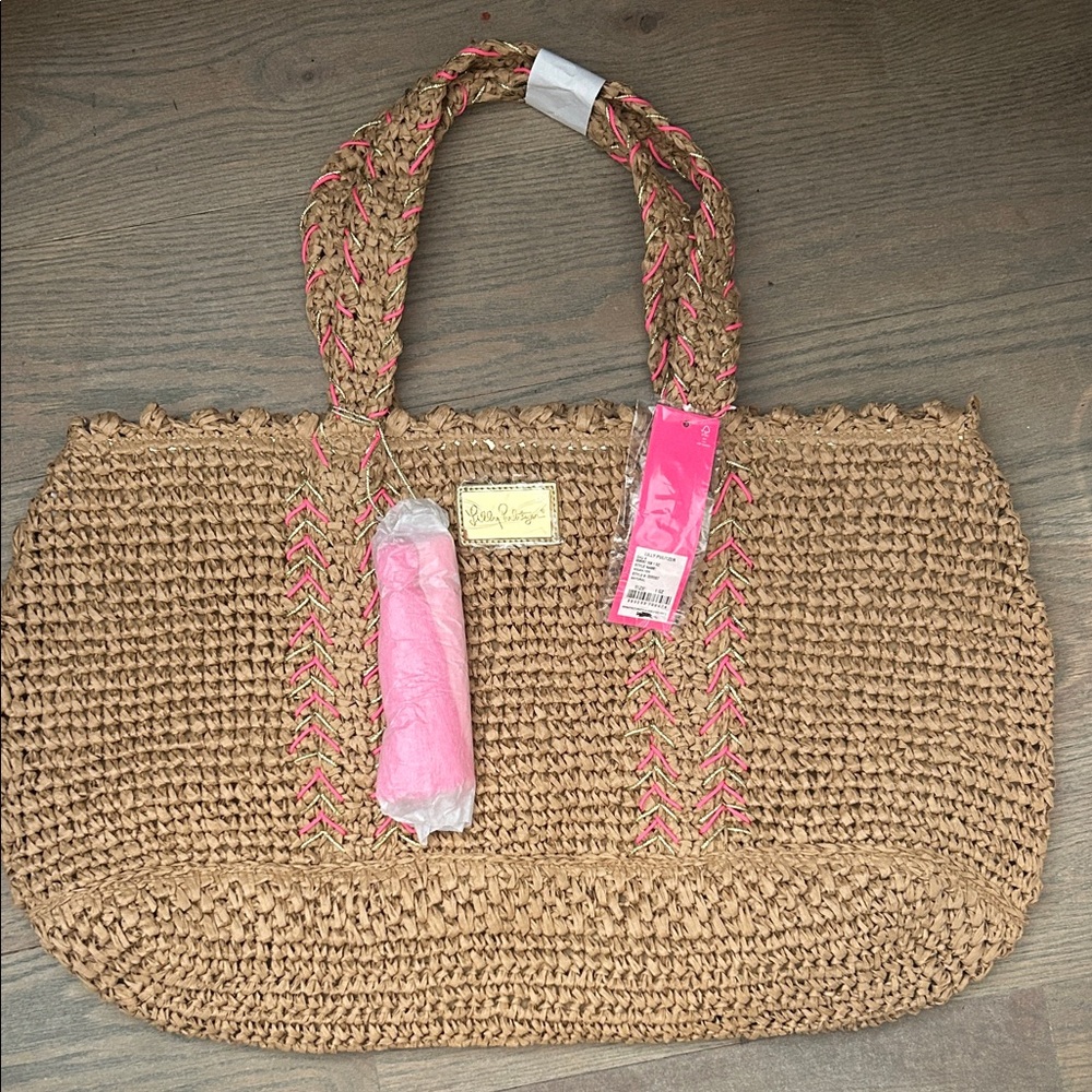 Lilly Pulitzer NWT Nosara Tan and Pink Straw Tote